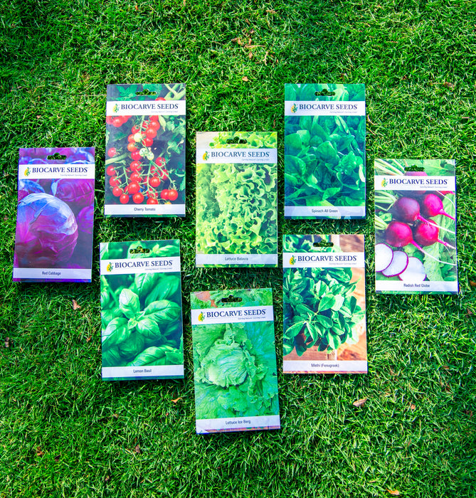 Lemon Basil / Lettuce Batavia / Cherry Tomato / Spinach All Green / Methi (Fenugreek) / Red Cabbage / Radish Red Globe / Lettuce Ice Berg Seeds