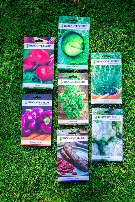 Parsley Curled / Rosemary / Carrot Black Wonder / Cauliflower / Capsicum Purple Bell / Cabbage Golden Acre / Beet Root Seeds